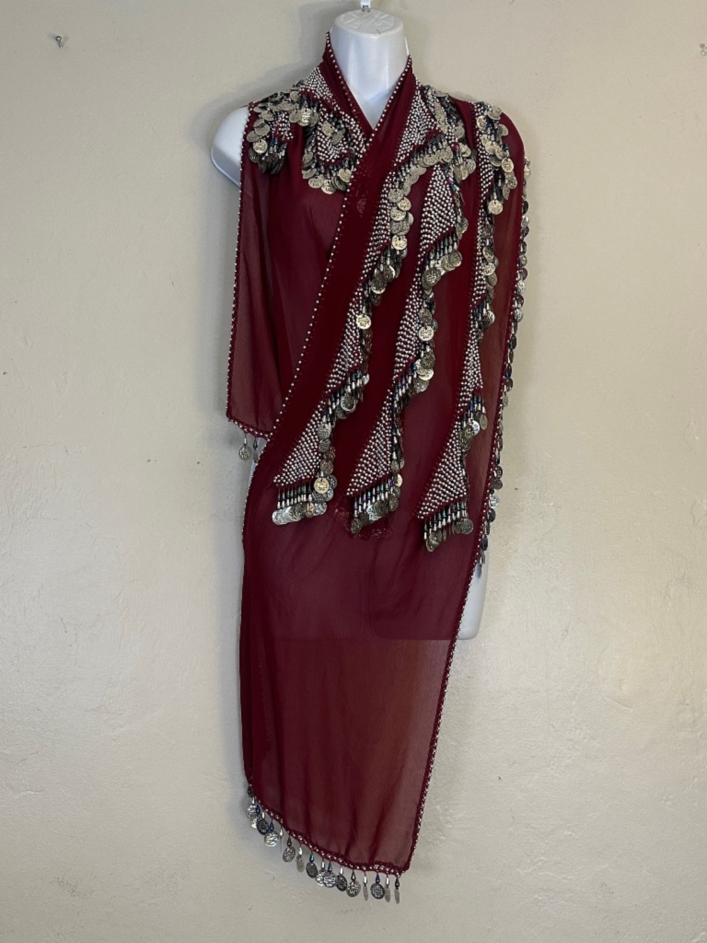Chiffon Beaded Wrap Dangling Metal Discs 68" x 13" Gently worn Sheer chiffon